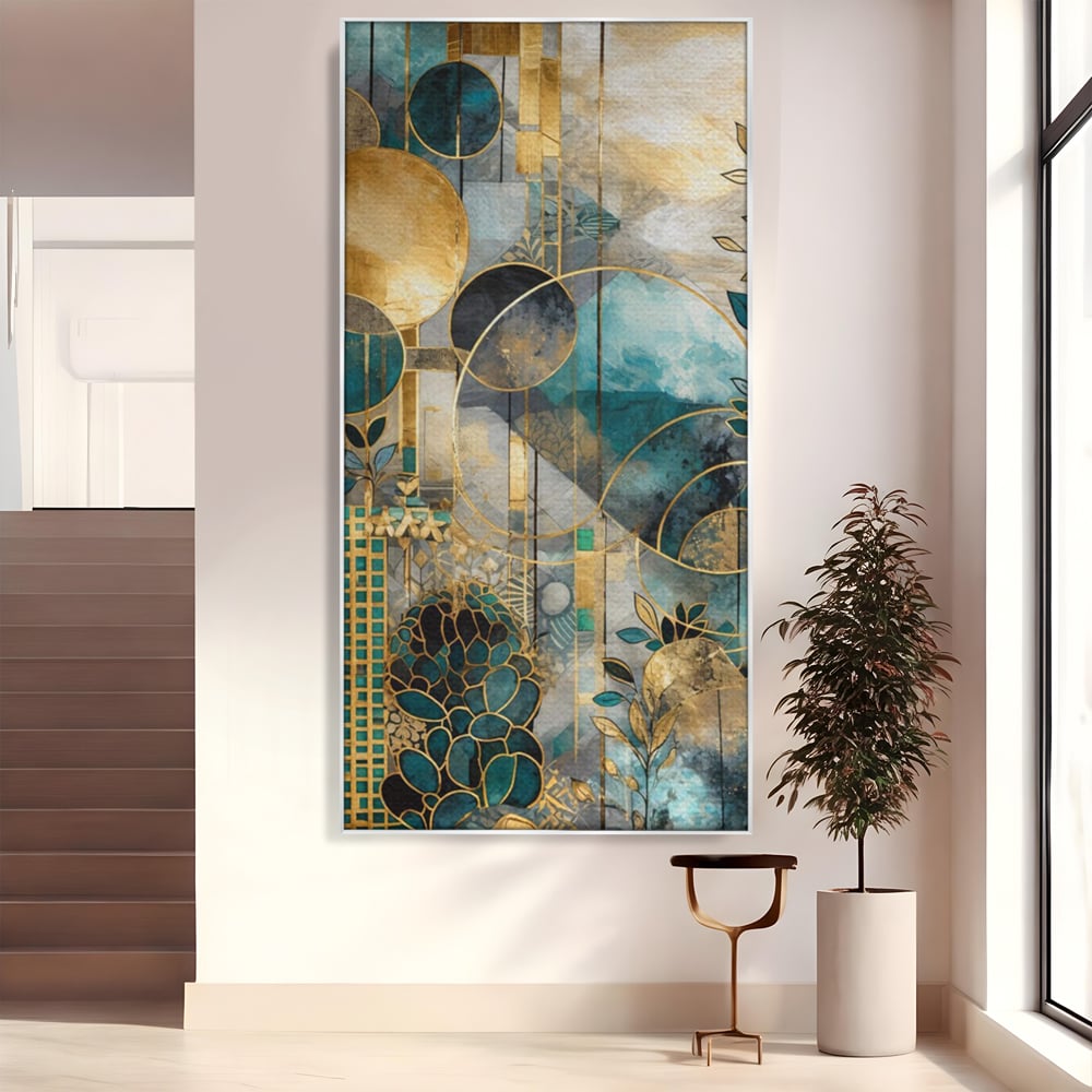Tablou canvas cu compozitie abstracta cu forme geometrice si frunze, in rama de aluminiu argintiu